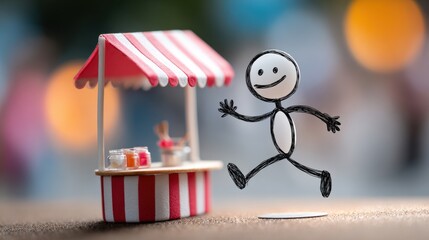 Owning a small shop, the stick figure portrays commitment to business as a foundation for reliable income.
