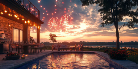 a cozy evening on a terrace with a pool beside a house, with fireworks lighting up the sunset sky 
