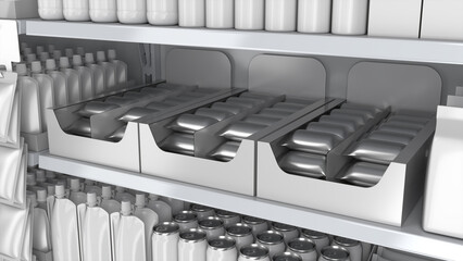 Close-up of supermarket shelves with silver pillow pouches in display boxes, stand-up pouches and cans. 3d illustration