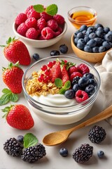 Healthy granola and yogurt parfait with fresh berries and honey