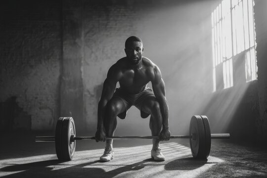 Athletic Black Man Lifting Weights in Industrial Gym with Sunlight