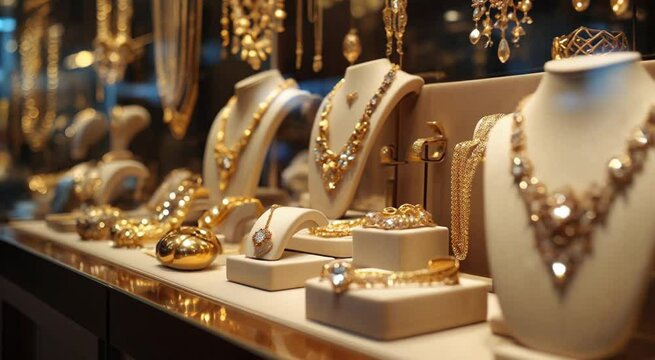 Luxury jewelry display featuring exquisite gold necklaces rings and earrings in shop window