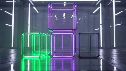 On start neon T-shape cubes sliding left, glowing purple, dimming on shiny floor under LED bars - Powered by Adobe