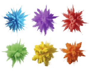 Six colorful explosions of powder paint isolated on transparent background
