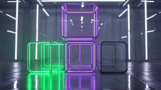 On start neon T-shape cubes sliding left, glowing purple, dimming on shiny floor under LED bars
