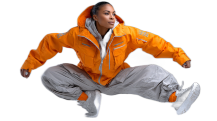 Dynamic Energy: A woman exudes dynamic energy in a vibrant orange jacket and relaxed trousers, mid-air during a spontaneous leap, showing an energetic spirit.
