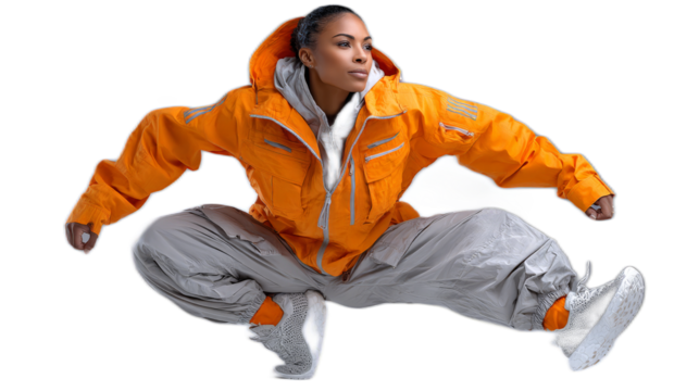 Dynamic Energy: A woman exudes dynamic energy in a vibrant orange jacket and relaxed trousers, mid-air during a spontaneous leap, showing an energetic spirit.