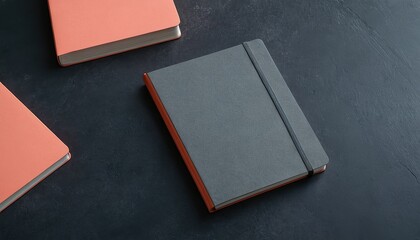 Notebook with pen and coffee cup and flowers on grey
