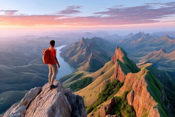 Obraz premium Hiker admiring mountain landscape during sunrise with a spectacular panoramic view