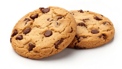Two delicious chocolate chip cookies on white background, close-up view