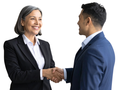 Businesswoman welcoming new hire or shaking hands with client, middle-aged woman