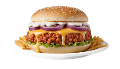 A close up shot of a burger with fries on a white plate against a black background isolated view