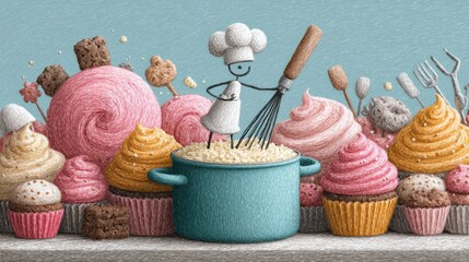 A stick figure decorates a cake with frosting, celebrating culinary creativity and the rewarding taste of handmade desserts.
