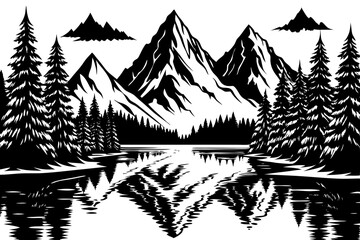 A powerful silhouette of a majestic mountain range, rendered in stark black vector design