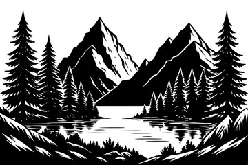 A powerful silhouette of a majestic mountain range, rendered in stark black vector design