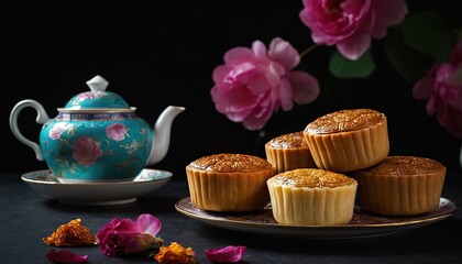 Mid-Autumn Festival Mooncakes and Tea in a Chinese Setting
