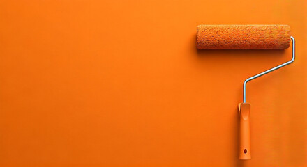Orange paint roller rests against a freshly painted orange wall