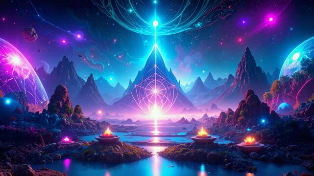 Sacred geometry illuminating fantasy landscape with planets and lotus flowers.