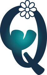 Stylized blue letter Q with flower on white background