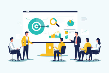 Strategic Business Analytics and Goal Setting: Professional Team Discussing Data, Charts, and Target Objectives on a Large Screen, Ideal for Corporate Growth. flat vector illustration