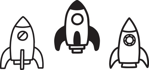 Three simple rocket ship icons black and white