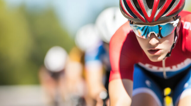 Group of young athletes competing in track cycling event, showcasing determination and speed. focus is on cyclist wearing red jersey and sunglasses, emphasizing competitive spirit