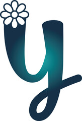 Stylized blue letter Y with flower on white background