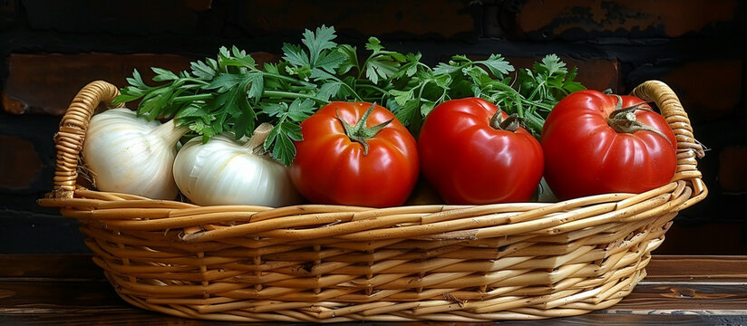 Fresh tomatoes and garlic in a wicker basket.
