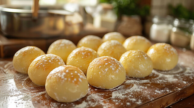 Freshly baked, dusted bread rolls on a wooden cutting board, in a kitchen setting. - Powered by Adobe