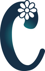 Stylized blue letter C with flower on white background