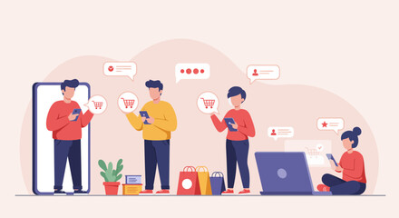 Fototapeta premium Illustration depicting people using devices for online shopping, purchasing items.