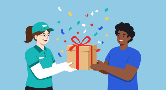 Happy delivery person handing a gift-wrapped package to a smiling recipient amidst celebratory confetti.