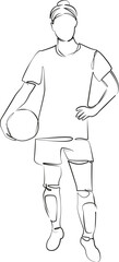 One continuous line drawing on white isolated background. Minimalism linear illustration. athlete, sport, soccer, female, portrait, ball, holding, adult, football, girl, soccer player