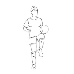 One continuous line drawing on white isolated background. Minimalism linear illustration. soccer, sport, girl, soccer ball, female, adult, competition, championship, football, goal, knee