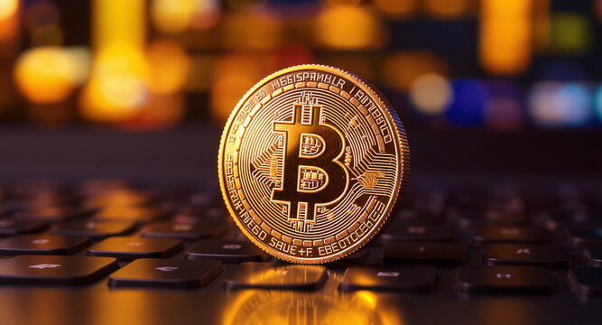 Golden bitcoin cryptocurrency coin on laptop keyboard