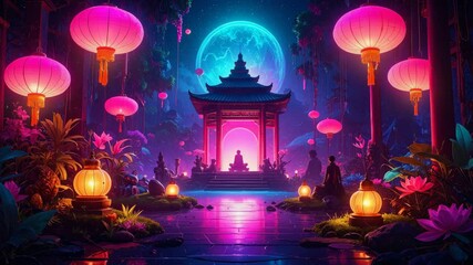 Monks meditating in a japanese garden at night with lanterns and full moon.