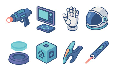 Futuristic sci-fi icons set – 3d, technology and space exploration symbols