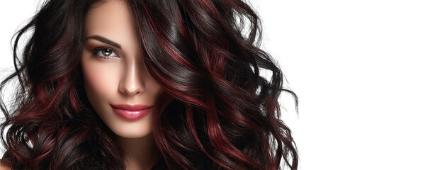 Fototapeta premium Isolated Transparent, Voluminous black hair with cherry cola highlights on white, cherry cola highlights black hair in romantic volume style, cherry cola highlights on high contrast black hair.