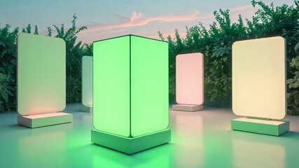 Retracting central LED fixture top and extending into twin green panels on patio, one second in - Powered by Adobe