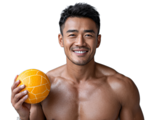 Radiant Athlete Holding a Ball: A vibrant shot of a muscular athlete of Asian descent holding an orange ball, radiating health, strength, and confidence.