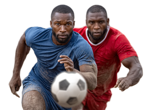 Dynamic Soccer Duo: Capturing the raw energy of a football game, two determined players sprint towards the viewer, eyes fixed on the prize, creating a sense of intensity and focused determination. - Powered by Adobe