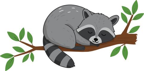 Cute sleeping raccoon on tree branch, cartoon forest animal resting peacefully, adorable wildlife illustration, nature-themed artwork, cozy woodland creature art, relaxing animal pose © Titan