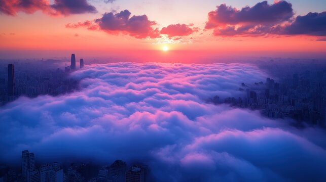 Sunrise over city shrouded in clouds