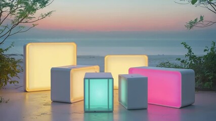 Cycling geometric LED fixtures shifting pastel hues as sunset sky deepens on terrace floor by sea - Powered by Adobe