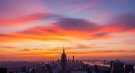 Obraz premium Fiery Sunset over Manhattan Skyline A Stunning New York City Panorama