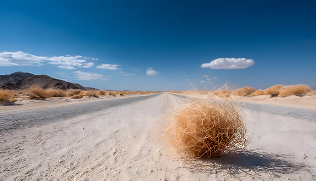 A tumbleweed rolls over an empty desert road under a clear blue sky, capturing the desolate and expansive nature of the desert environment.