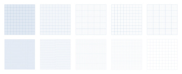 Set of ten different graph paper design seamless patterns with editable strokes on transparent background. Blueprint graph paper collection.