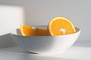 Fresh Orange Halves in a Bowl with Sunlight, Juicy Orange Slices in Morning Light.