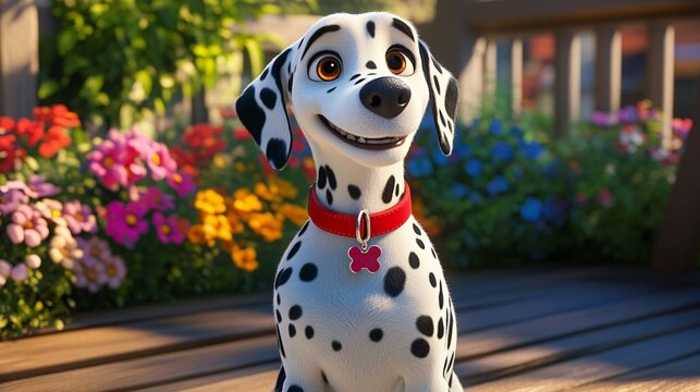 Cheerful Cartoon Dalmatian Dog Smiling Outdoors, Animated Puppy with a Red Collar in a Garden.