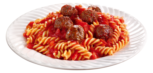 prato com macarrão ao molho sugo acompanhado de almôndegas de carne bovina isolado em fundo transparente